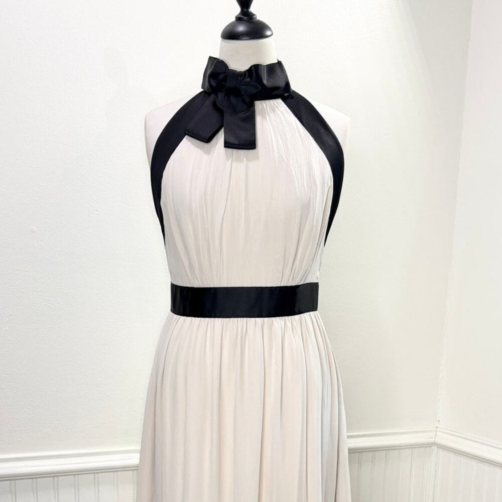Kate Spade Size 6 Chiffon Bow Dress 100% Silk Midi Cream Black Halter Neck - Picture 2 of 15